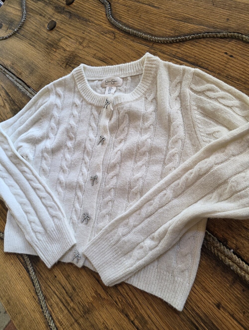 Jessica Simpson Cream Cable Knit Cardigan With Bow Tie Buttons Womens Medium